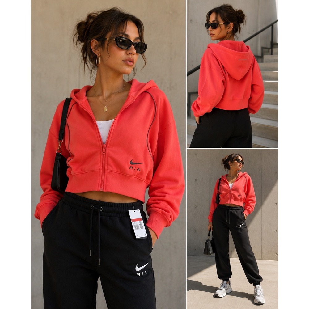 Nike Air Womens Full Zip Cropped Fleece Hoodie Picante Red DQ6579-696 Size L
